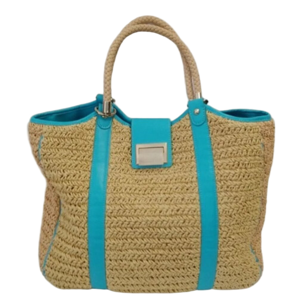 Talbots Large Woven Paper Straw Tote Bag Turquoise Blue Leather Trim Gold - Picture 6 of 12